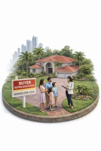 Real estate agent showing a home for sale in Broward County Florida to a family looking to buy property
